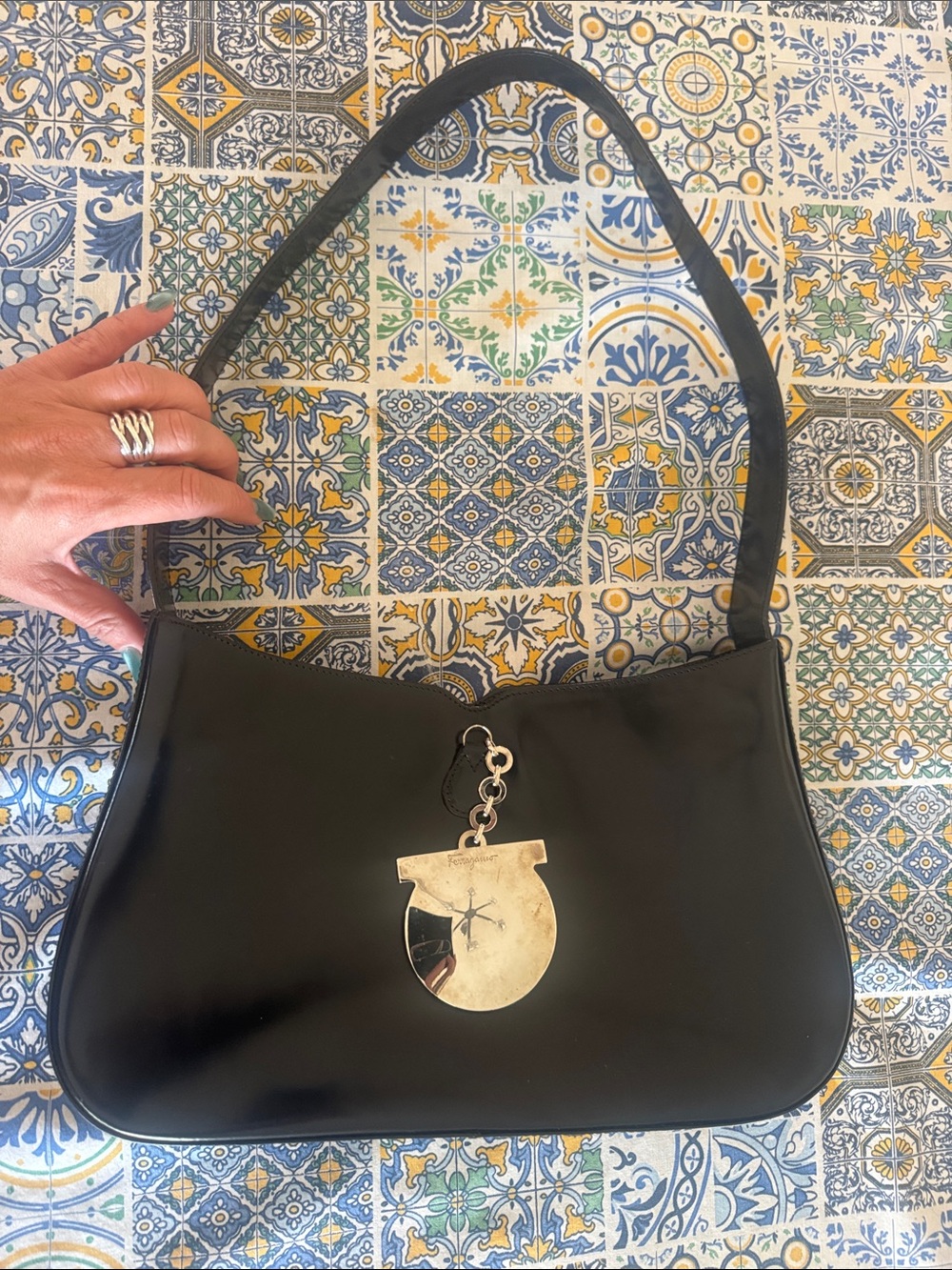 Salvatore Ferragamo Black Leather Shoulder Bag. iconic Gancini Charm